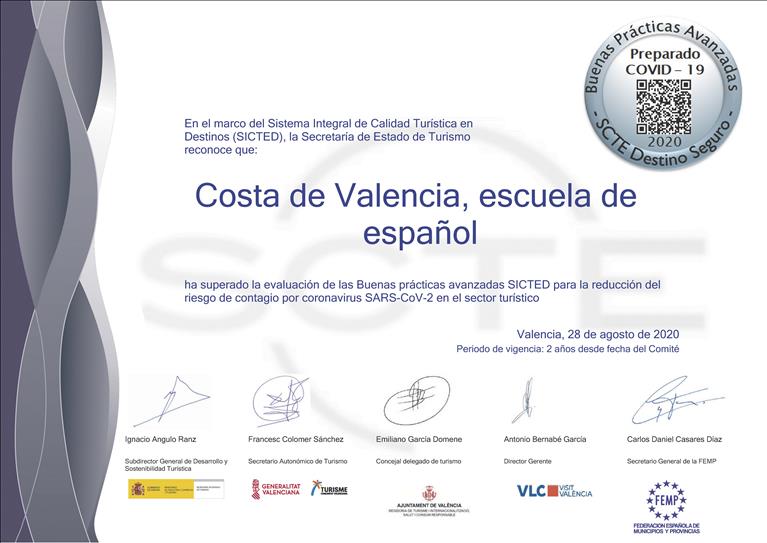 Costa de Valencia Spanish school receives certification that guarantees that the school has all the necessary practices to protect it students and staff from Covid19.